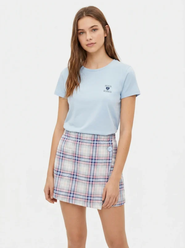 Sky Tee & Plaid Skirt Set