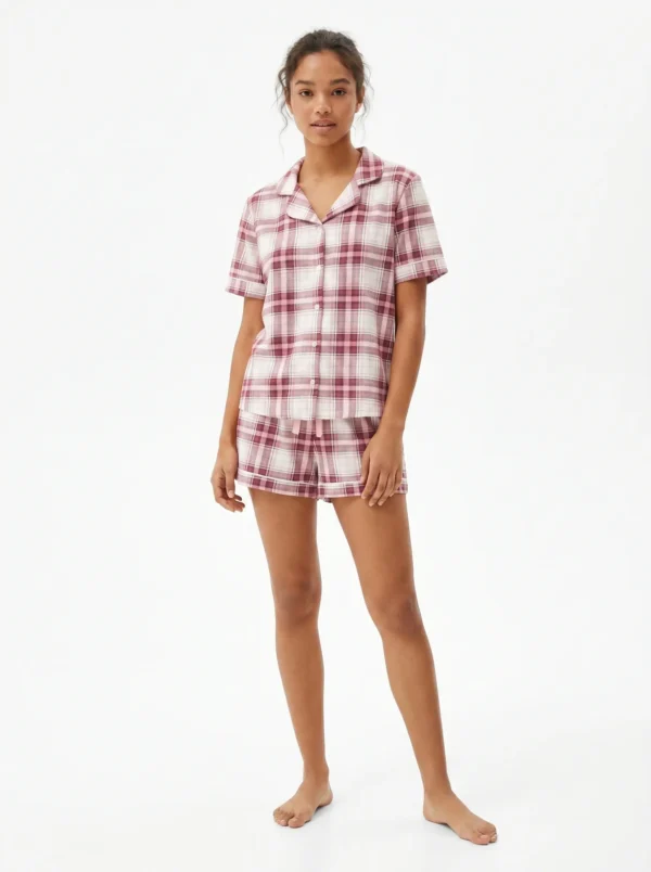Vanilla Plaid Button-Up Shorts Pajama Set